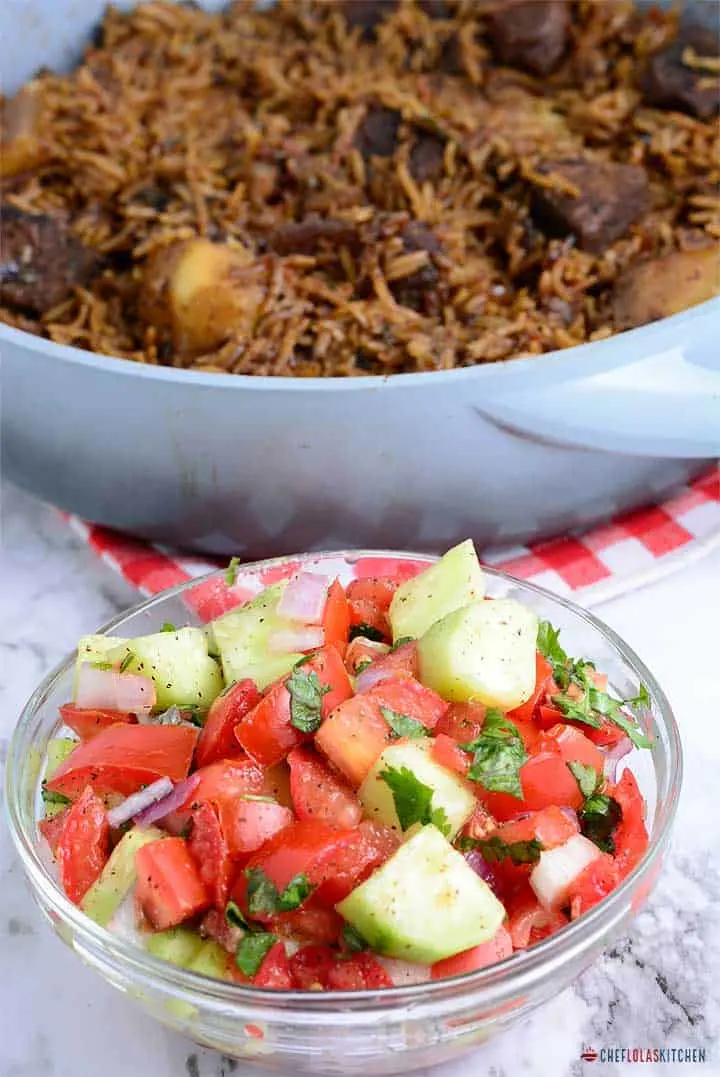 Kachumbari - East African tart salad with beef pilau