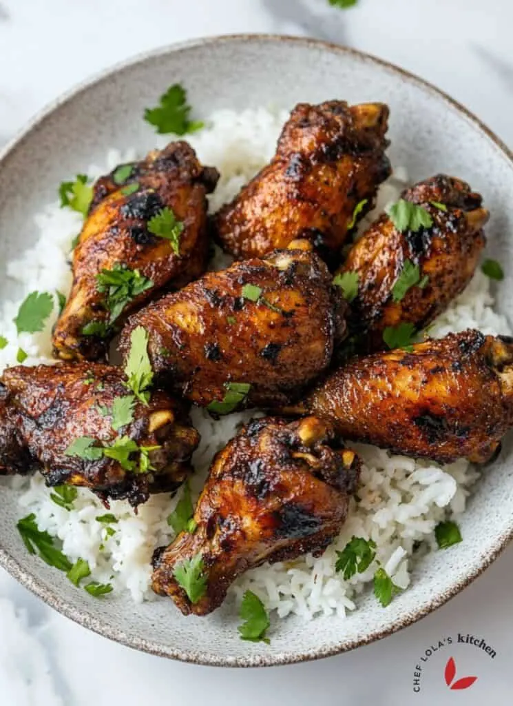 Jamaican Jerk Chicken Wings served over cooked white rice and garnished with chopped parsley leaves.