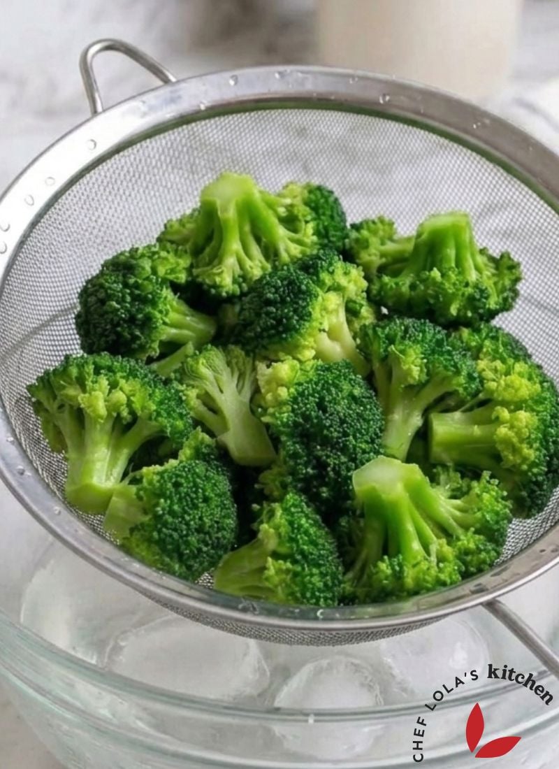Fresh broccoli prepared by boiling and cooling in ice