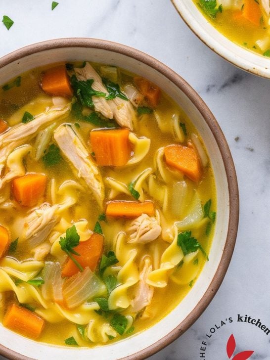 Bowl of homemade chicken noodle soup with egg noodles, shredded chicken, carrots and fresh parsley