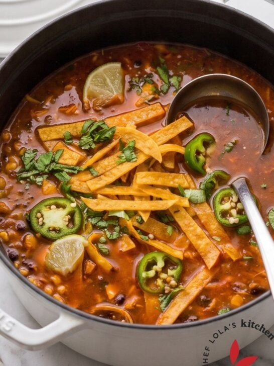 Chicken tortilla soup in a white Dutch oven with a ladle, tortilla strips and sliced