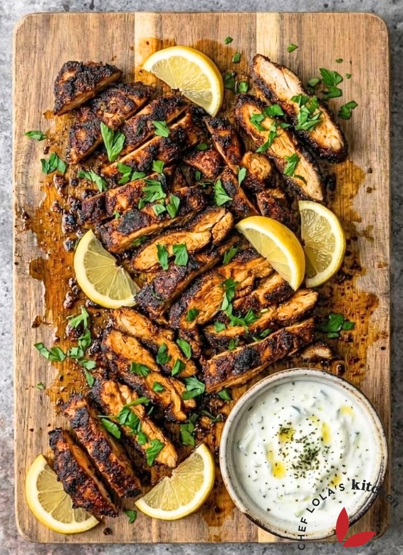 Juicy spiced chicken shawarma and sauce, sliced into tender pieces and ready to serve.
