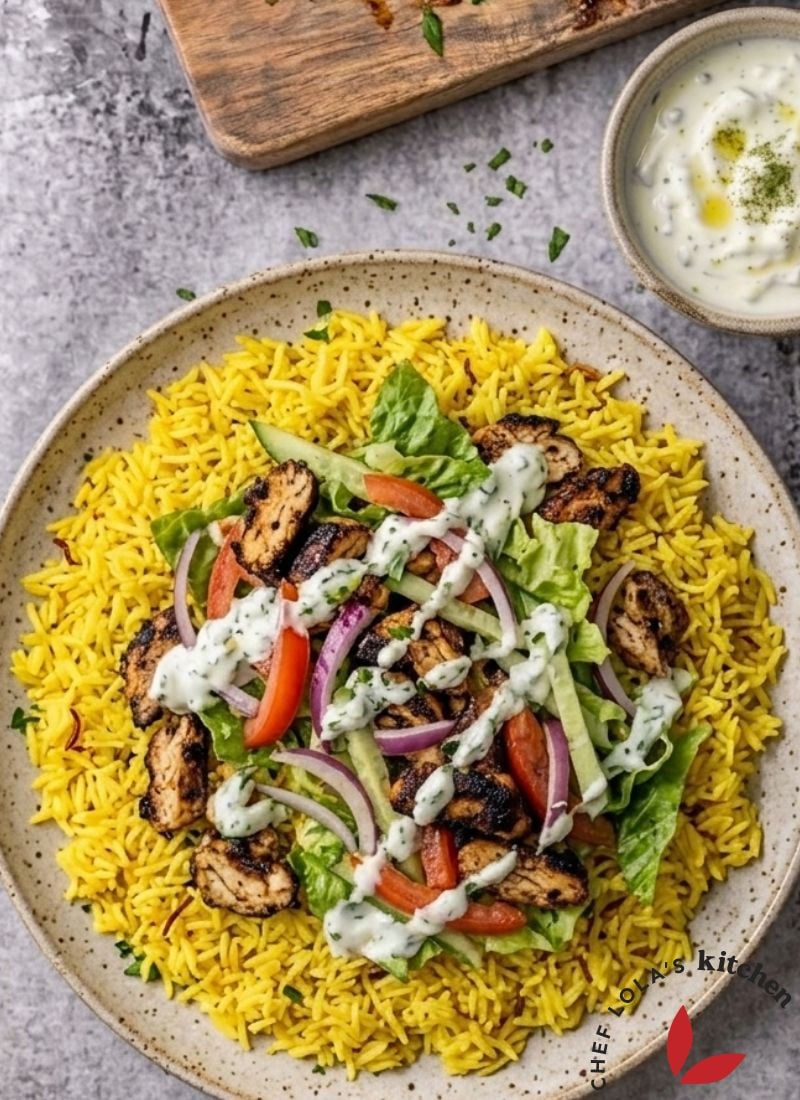 Tender spiced chicken shawarma served with fresh vegetables and rice as a flavorful meal.