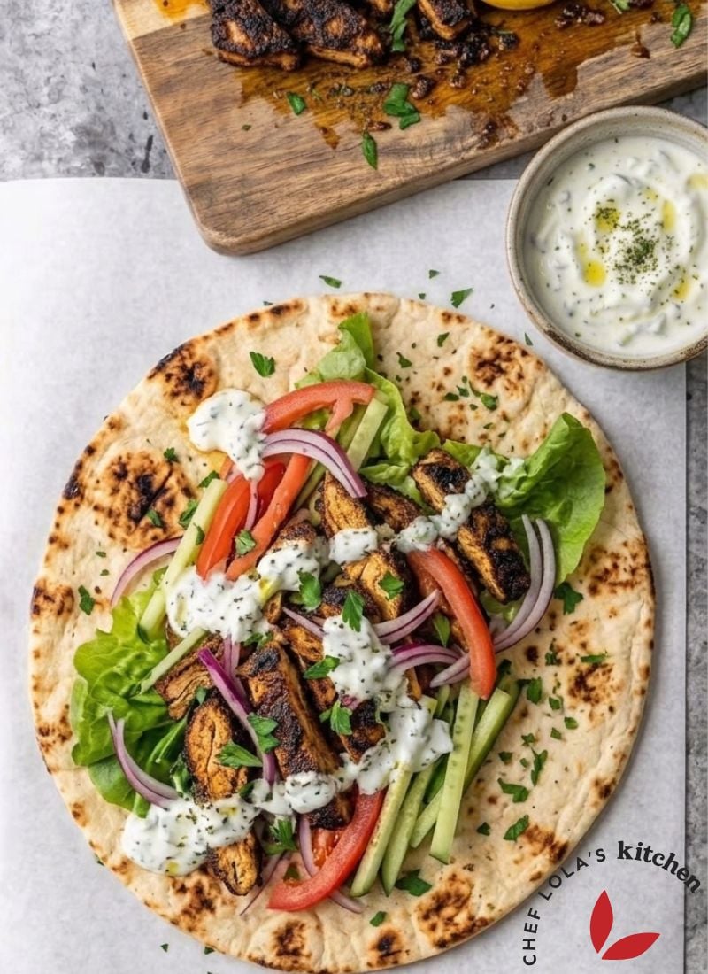 Sliced chicken shawarma served with pita bread, fresh vegetables, and creamy sauce.