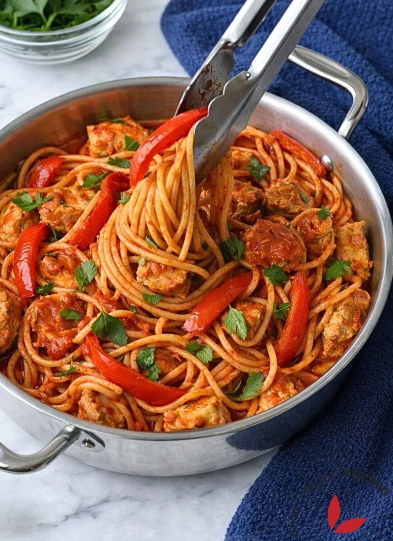 Close-up of spicy chicken spaghetti showing sauce texture
