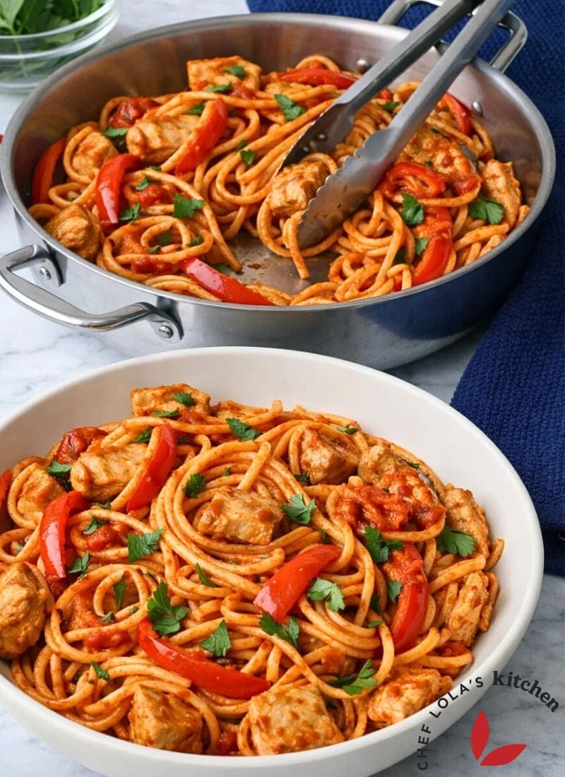 Creamy and spicy chicken spaghetti with tender chicken pieces served in a bowl