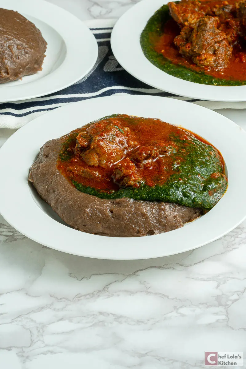 Amala and ewedu with beef stew