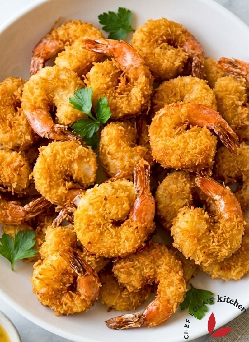 Freshly fried coconut shrimp with a crunchy golden crust and tender center.