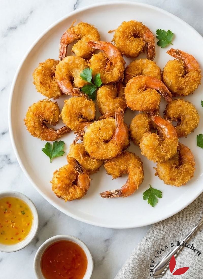 Crispy coconut shrimp coated in golden flakes, served hot with a dipping sauce