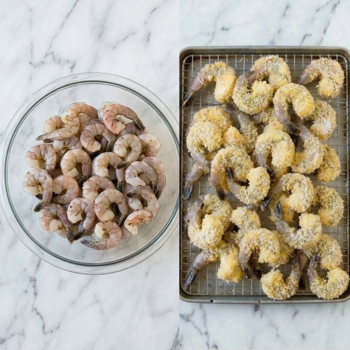 Shrimp patted dry and evenly coated in seasoned bread crumbs, ready for cooking
