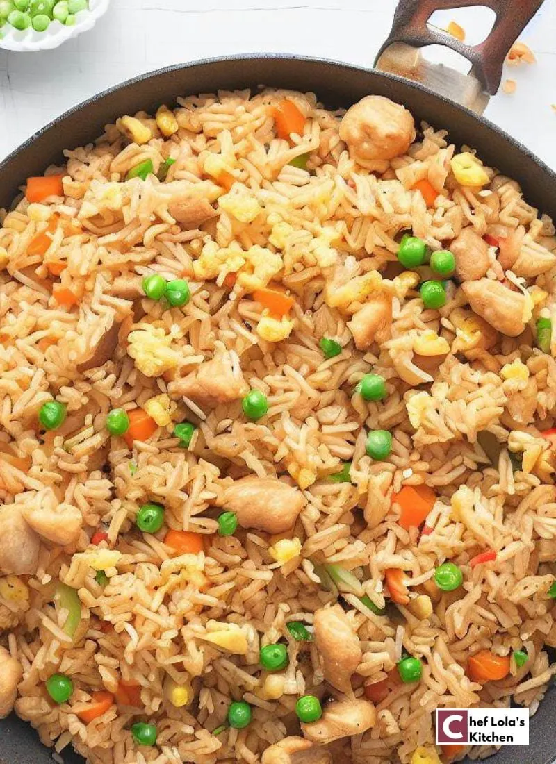 Chicken fried rice in a skillet