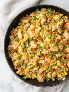 Chicken fried rice in a skillet