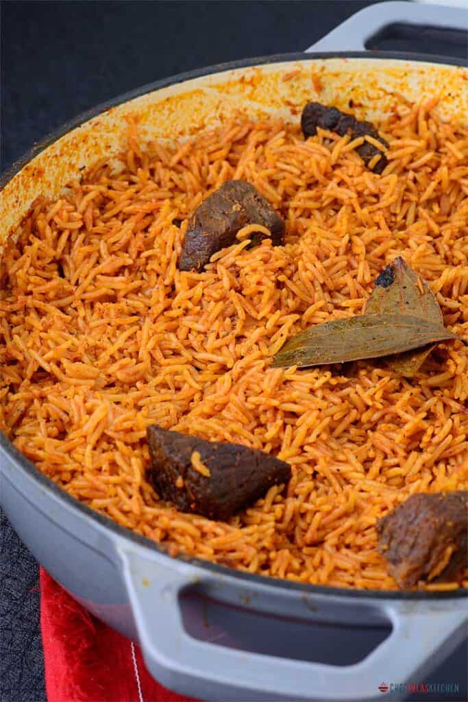 Freshly cooked basmati jollof rice with beef.