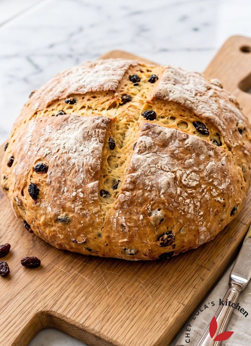 Freshly baked Irish soda bread with a crisp crust and tender crumb on a wooden board.