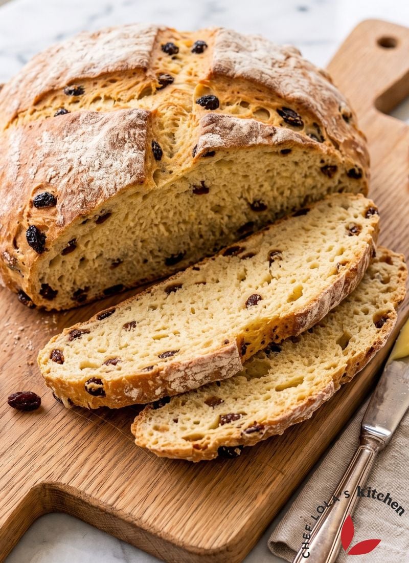 Rustic Irish soda bread loaf sliced into thick pieces and ready to serve.