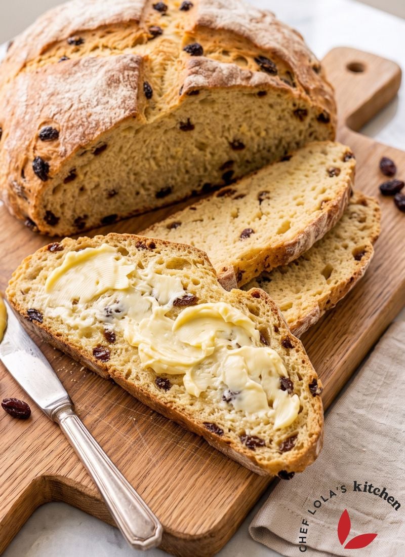 Sliced homemade soda bread served warm and ready to enjoy with butter.