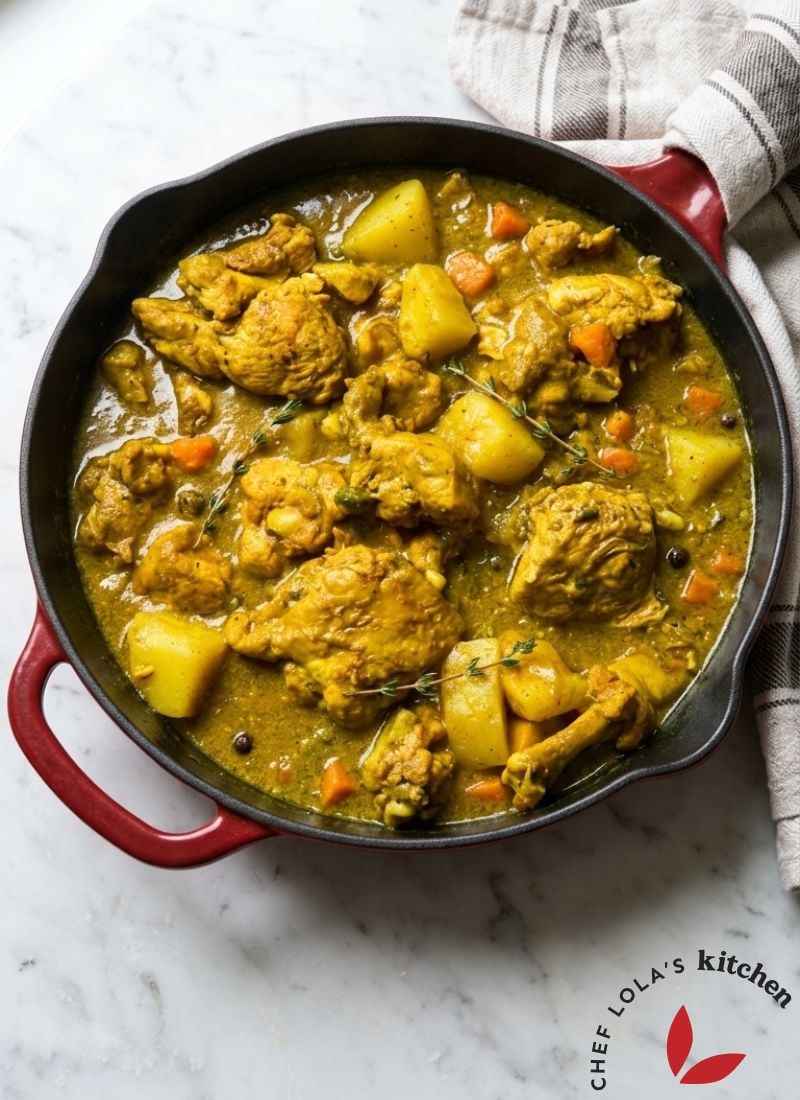 Delicious homemade Jamaican curry chicken cooked in a skillet 