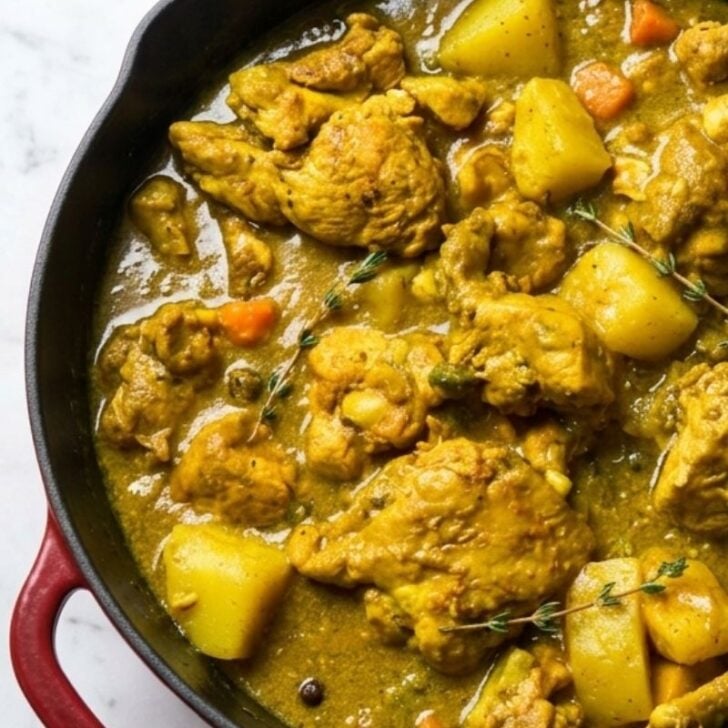 Delicious homemade Jamaican curry chicken cooked in a skillet and garnished with parsley.