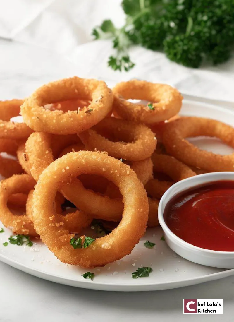 Close-up view of delectable onion rings, displaying the inviting, crunchy texture and golden hue they're famous for