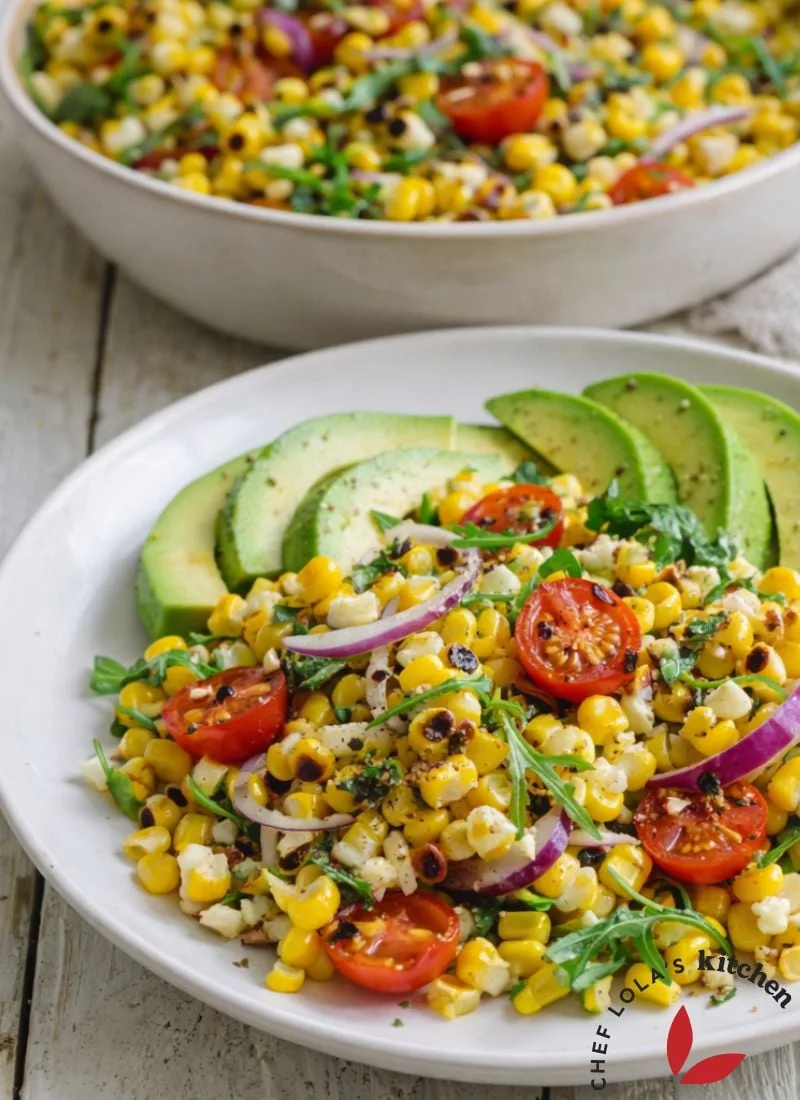 Smoky grilled corn mixed with red onions and bell peppers.