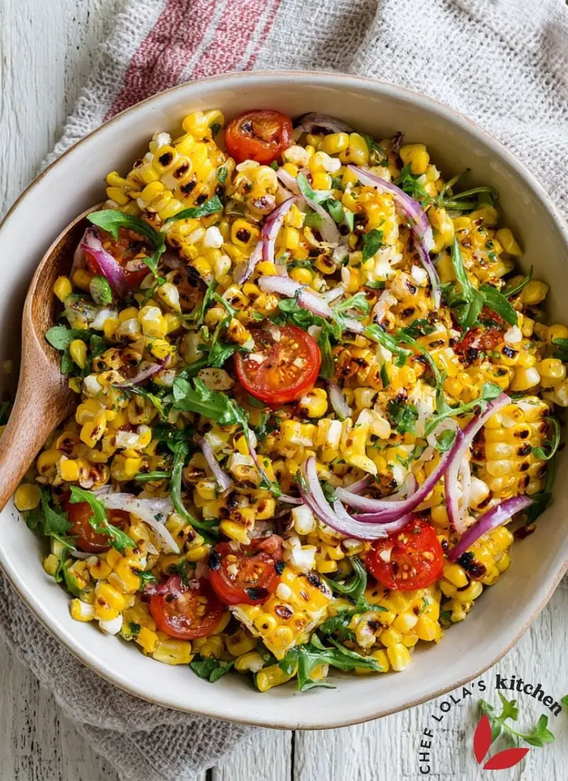 Bowl of grilled corn salad with fresh herbs and colorful vegetables.