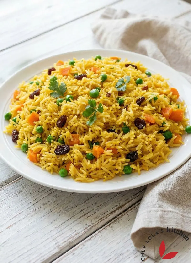 Light and fluffy long-grain rice pilaf dish garnished with carrots, green peas, raisins, and fresh parsley