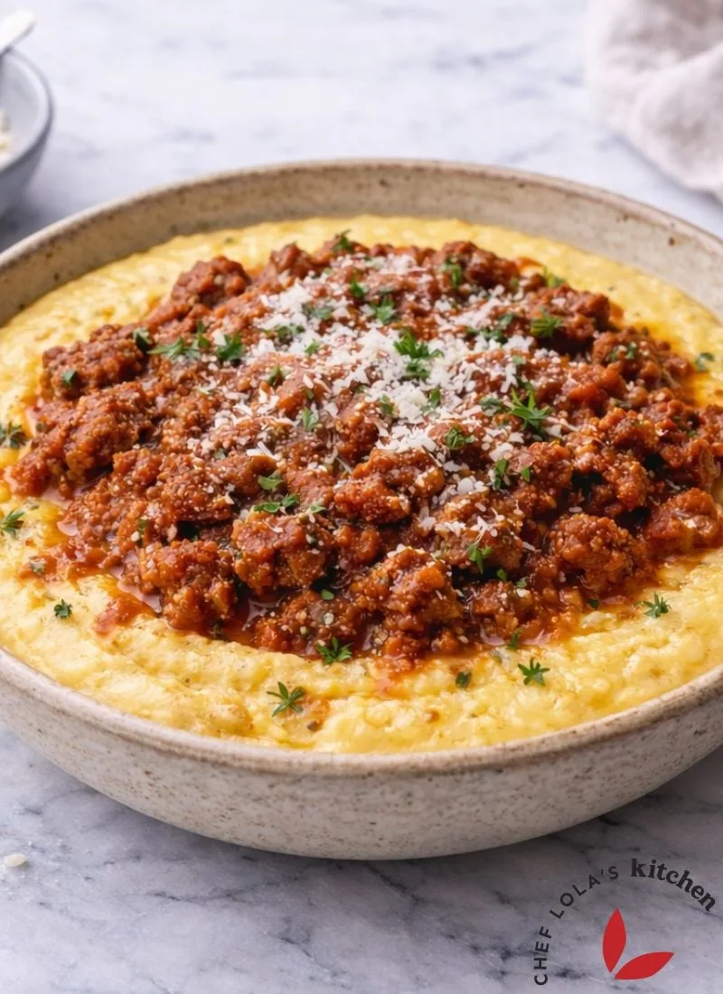 A deliciously creamy bowl of Parmesan polenta, served with ground beef sauce garnished with fresh herbs.