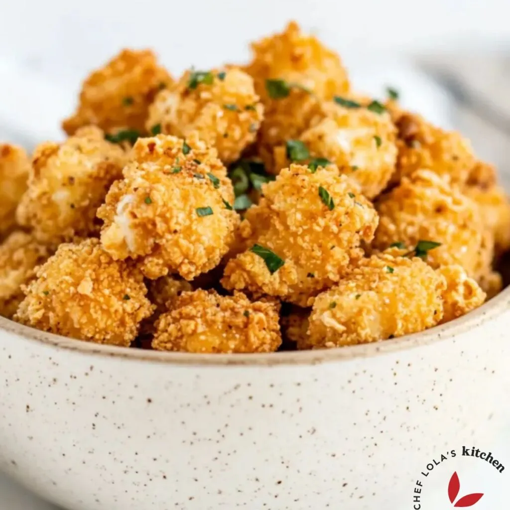 Golden-brown popcorn chicken with a crispy exterior and tender interior