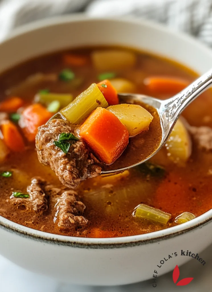 Hearty vegetable beef soup with tender beef and fresh vegetables