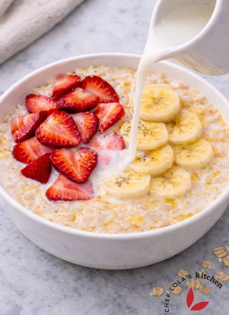 Healthy creamy oatmeal porridge made with rolled oats and milk