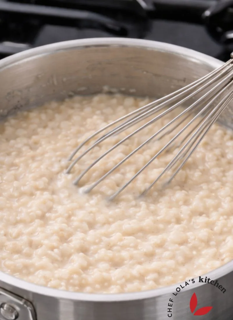 Close-up view of creamy oatmeal porridge with a rich and smooth consistency