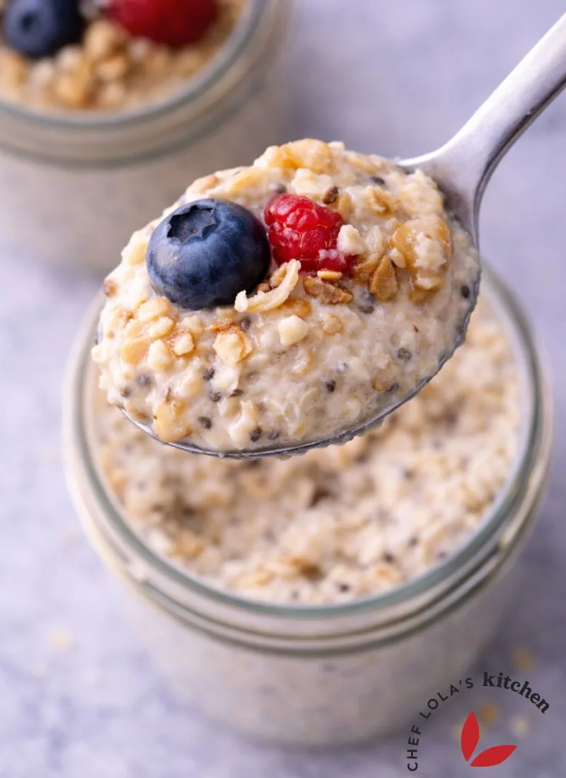 Creamy overnight oatmeal porridge, prepared and ready to eat