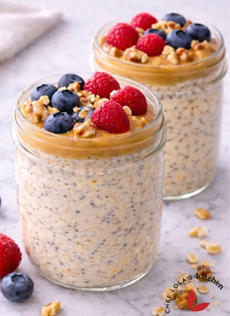 Wholesome overnight oatmeal porridge made with oats and milk with fruit toppings