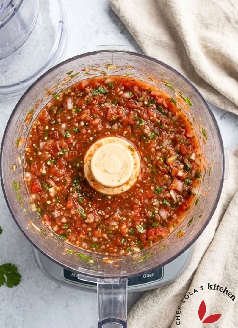 Fresh homemade restaurant-style salsa in a food processor bowl with chopped tomatoes, onions, peppers, and herbs.