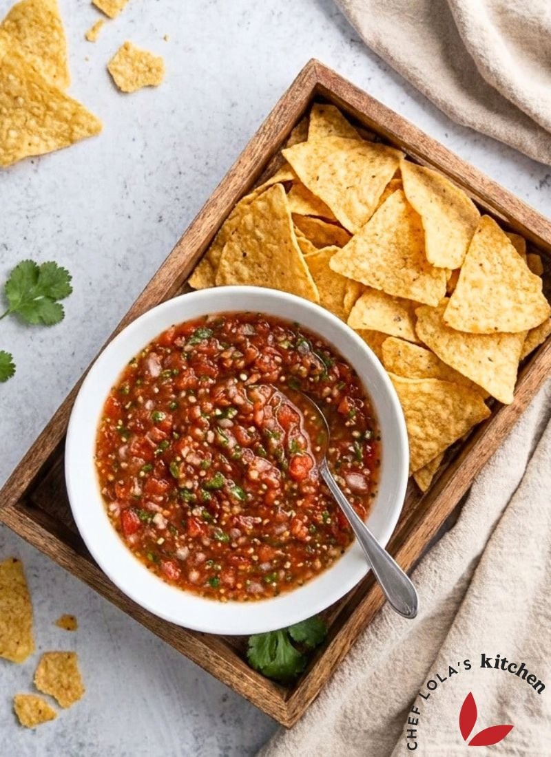 Fresh tomato salsa with a bright, chunky texture served as a dip or topping.