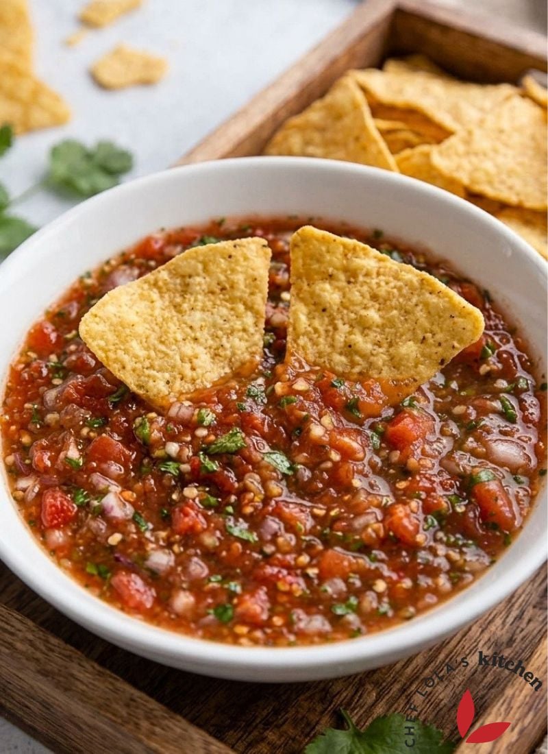 Fresh homemade restaurant-style salsa served in a bowl with chopped tomatoes, onions, peppers, and herbs.