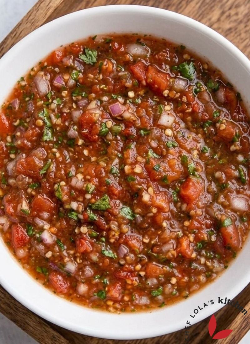 Close-up of chunky fresh salsa filled with tomatoes, onions, peppers, and herbs.