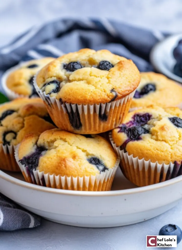 Freshly baked low-carb almond flour muffins studded with plump blueberries.