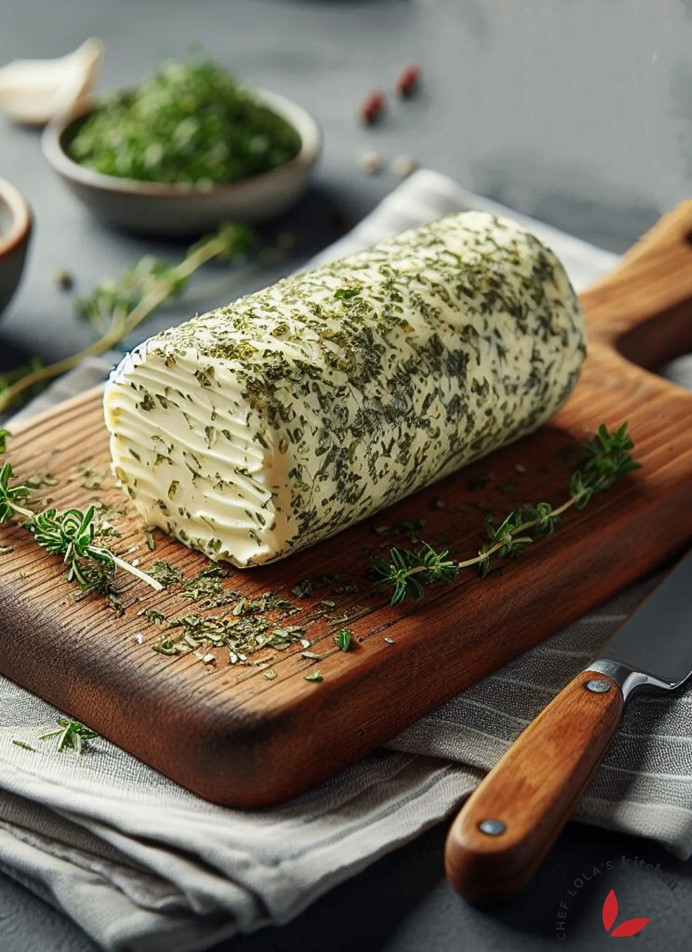 image of homemade herbed garlic butter with fresh herbs in the background