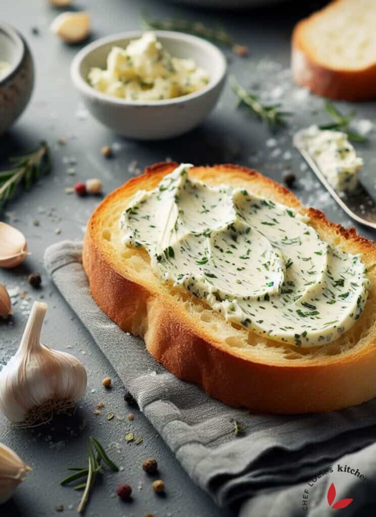 homemade herbed garlic butter spread over a slice of toast bread.