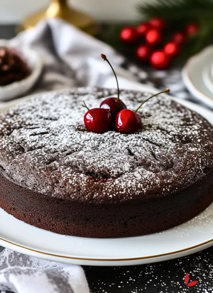 Beautifully presented Jamaican Black Rum Cake decorated with cherries