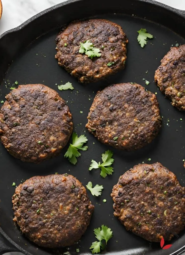 Homemade black bean burger cooked to perfect crispness, in a skillet.