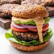 Delicious black bean burger with lettuce, tomato, and a whole-grain bun.