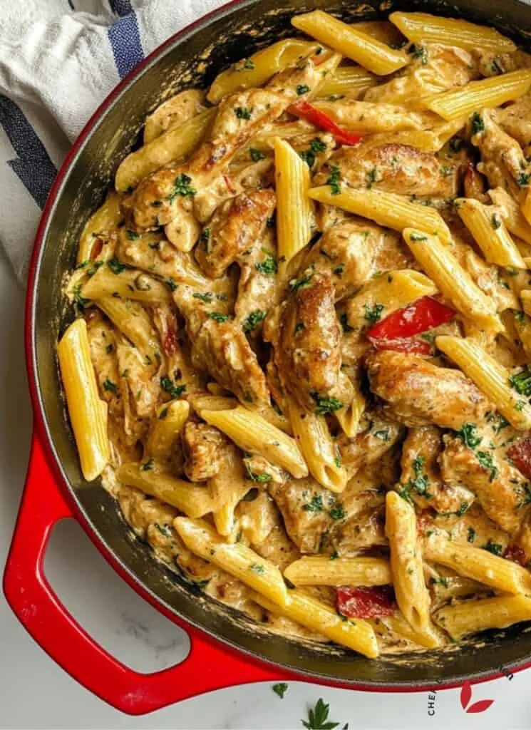 Jamaican fusion cuisine: a creamy pasta dish with the heat of jerk seasoning and a creamy texture.