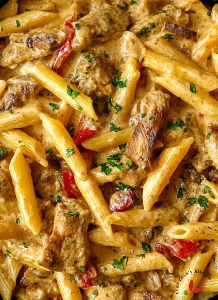 Close-up of creamy pasta with Jamaican jerk seasoning and colorful bell peppers.