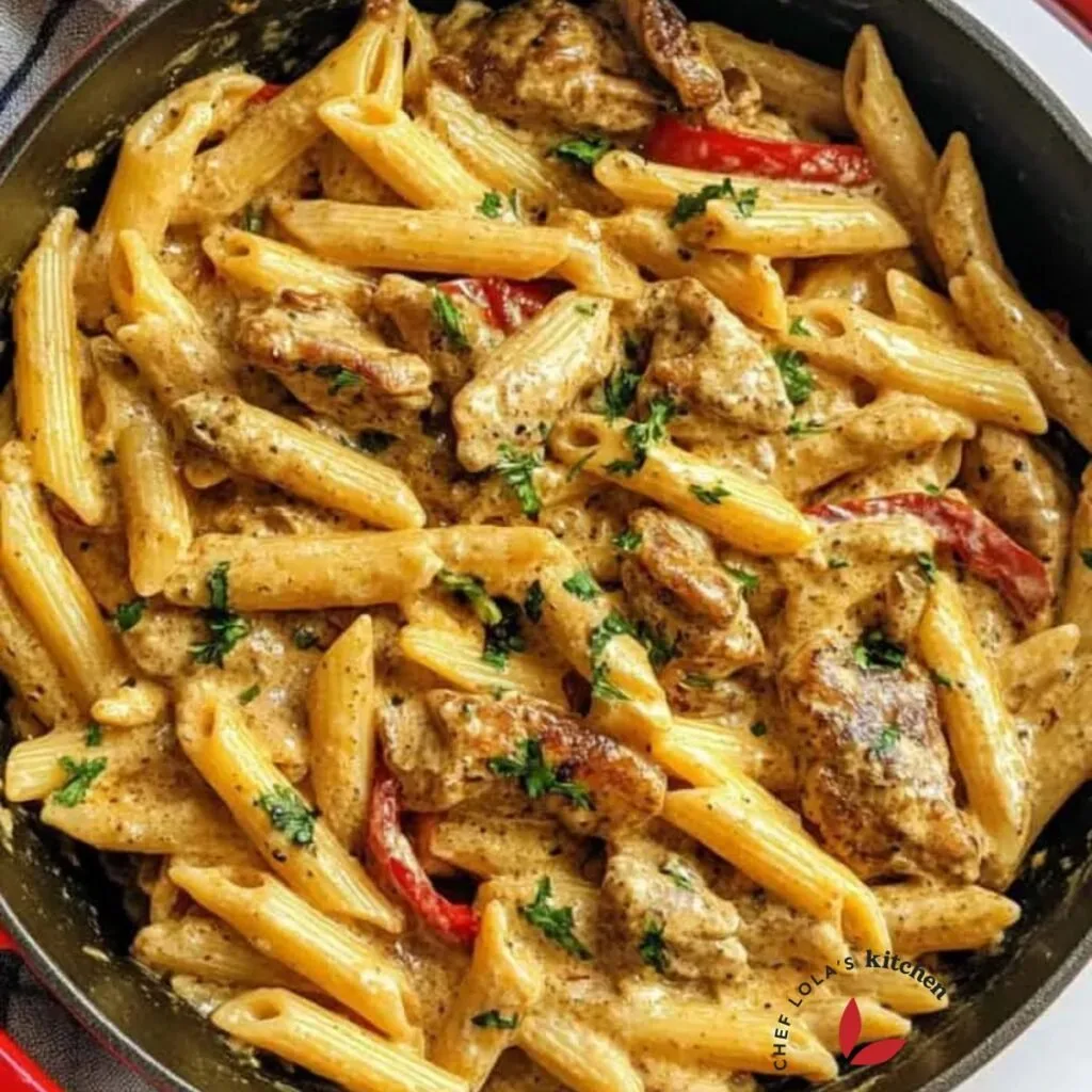 Delicious pot of creamy pasta with a rich Jamaican jerk sauce and grilled chicken slices.