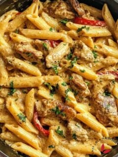 Delicious pot of creamy pasta with a rich Jamaican jerk sauce and grilled chicken slices.