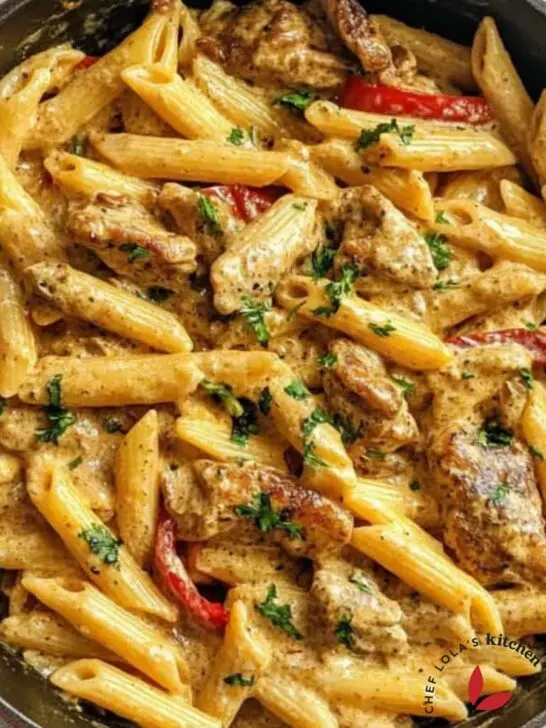 Delicious pot of creamy pasta with a rich Jamaican jerk sauce and grilled chicken slices.