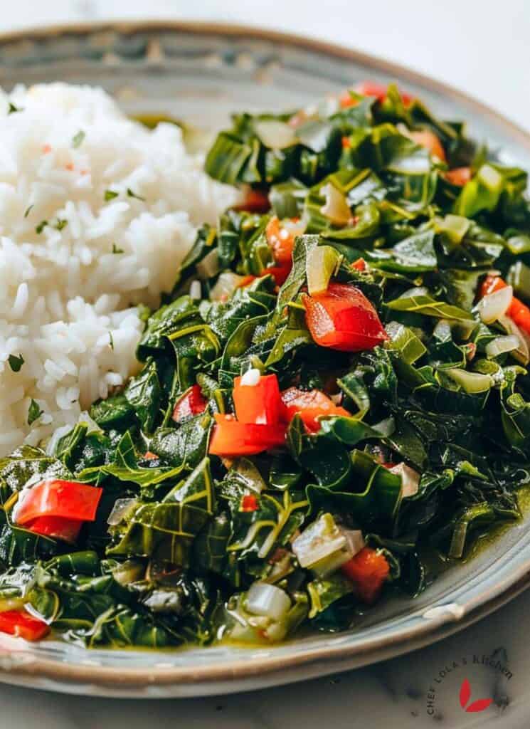 A hearty serving of Jamaican Callaloo, a staple in Caribbean cuisine.