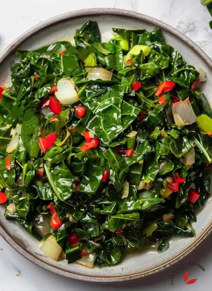 A traditional Jamaican Callaloo dish, made with fresh Callaloo leaves and aromatic spices.